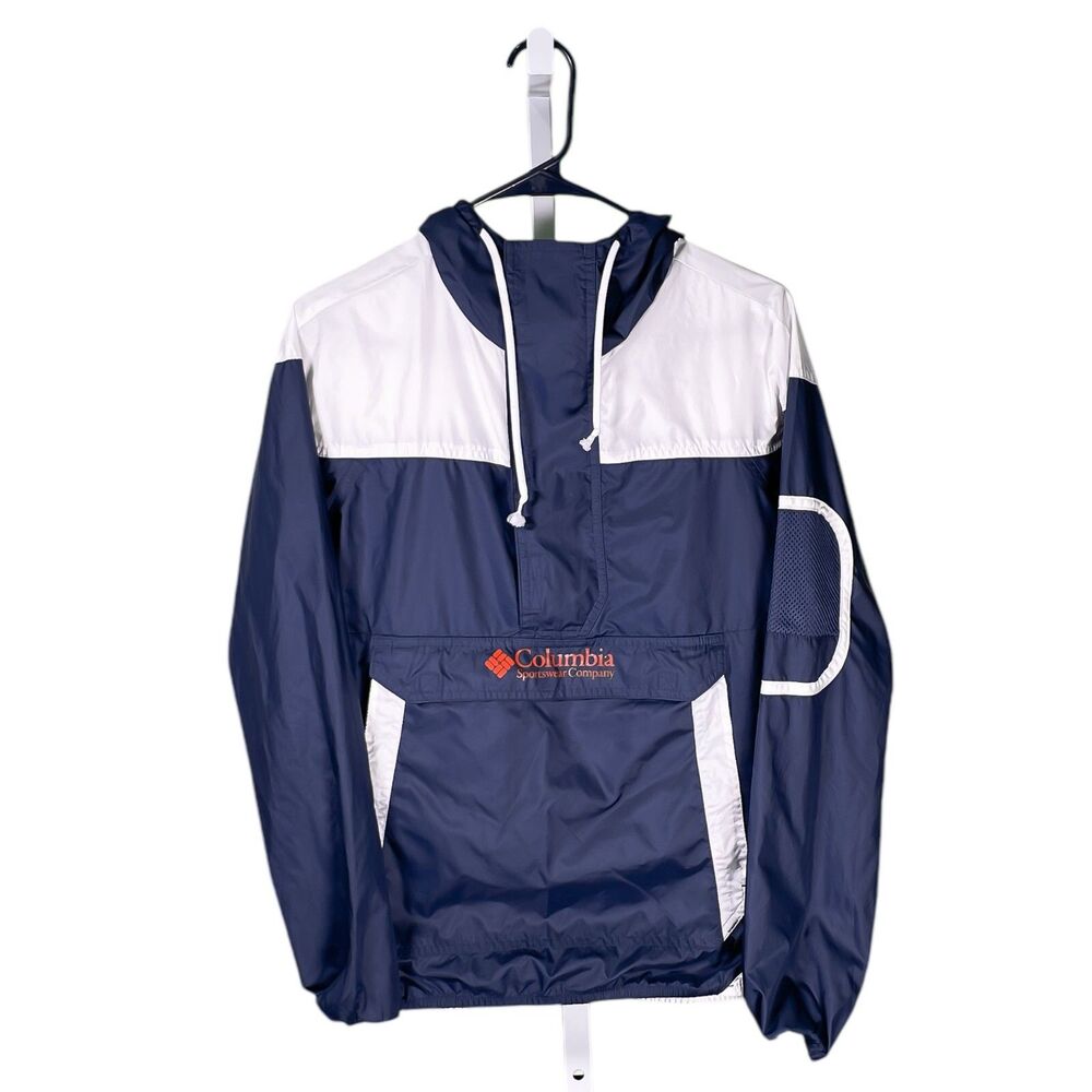 Columbia Women's Jacket Blue White Color Block Windbreaker Hooded Rain Jacket S